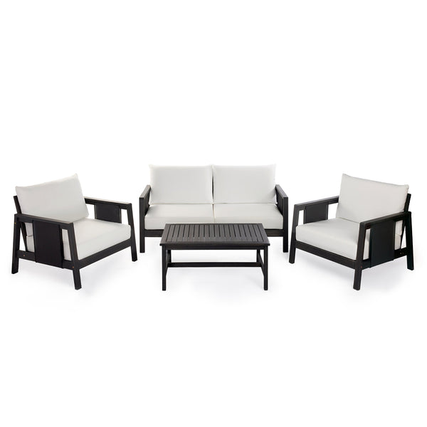 English Elm 4-pieces Acacia Wood Outdoor Conversation Set with Loveseat Club Chairs Patio Table Dark Grey,White+Black N768P368824D_N768P368823D_2