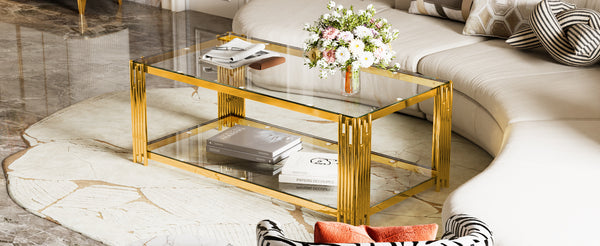 English Elm Modern Glam Rectangular Coffee Table with Mirrored Top Gold Sculptural Frame Open Shelf Transparent N735P380099K