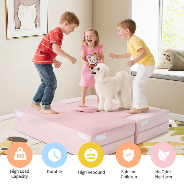 English Elm 5-piece Modular Foam Play Couch Velvet Toddler Sofa Foldable Kids Playroom Set Pink T5880P493438