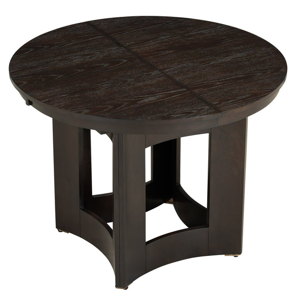 English Elm Topmax Farmhouse Round Pedestal Dining Table Extendable Leaf Rubberwood Compact Space Espresso N717P336673P