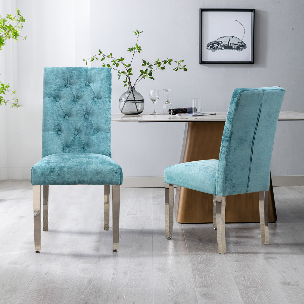 English Elm Set of 2 Modern Dining Chairs Plush Chenille Velvet, Button-Tufted Comfort, S-Springs & Stainless Legs, Adjustable Feet (Light Green) W3588P337566