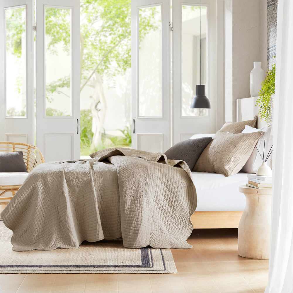 JLA Home Madison Park - 3 Reversible Scalloped Edge Quilt Set with Antimicrobial Protection, Cottage Charm, Machine Washable Khaki MP13-8497