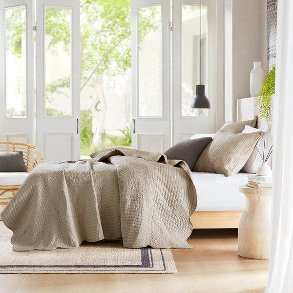 JLA Home Madison Park - 3 Reversible Scalloped Edge Quilt Set with Antimicrobial Protection, Cottage Charm, Machine Washable Khaki MP13-8497