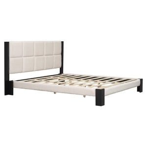 English Elm Christopher Knight Home® - Boucle Cal King Upholstered Platform Bed with Square-Stitched Headboard, Beige Fabric & Black Legs N758C546162A