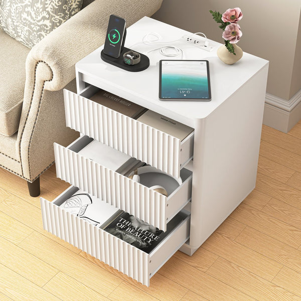English Elm (set Set of 2 Modern End Tables with Usb-c Charging and Three Drawer Storage for Any Room White W409P414472