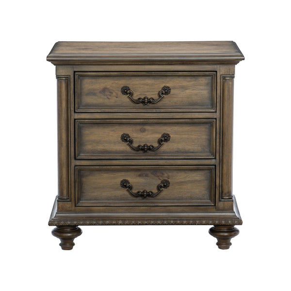 English Elm Traditional Rachelle Nightstand with 3 Drawers Weathered Pecan Finish Turned Feet Metal Drop Hardware Brown Mix 31 L x 20.25 W x 30 H B011P186802