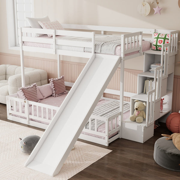 English Elm Twin Over Full Bunk Bed Solid Pine Frame with Built-in Slide and Storage Staircase White W504S00290