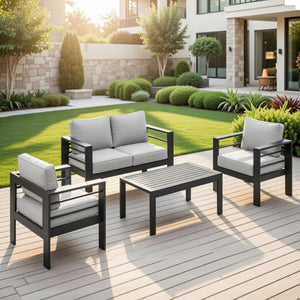 English Elm All-weather 4 Piece Outdoor Conversation Set Iron Frame Olefin Cushions Patio Seating Light Gray B082S00107