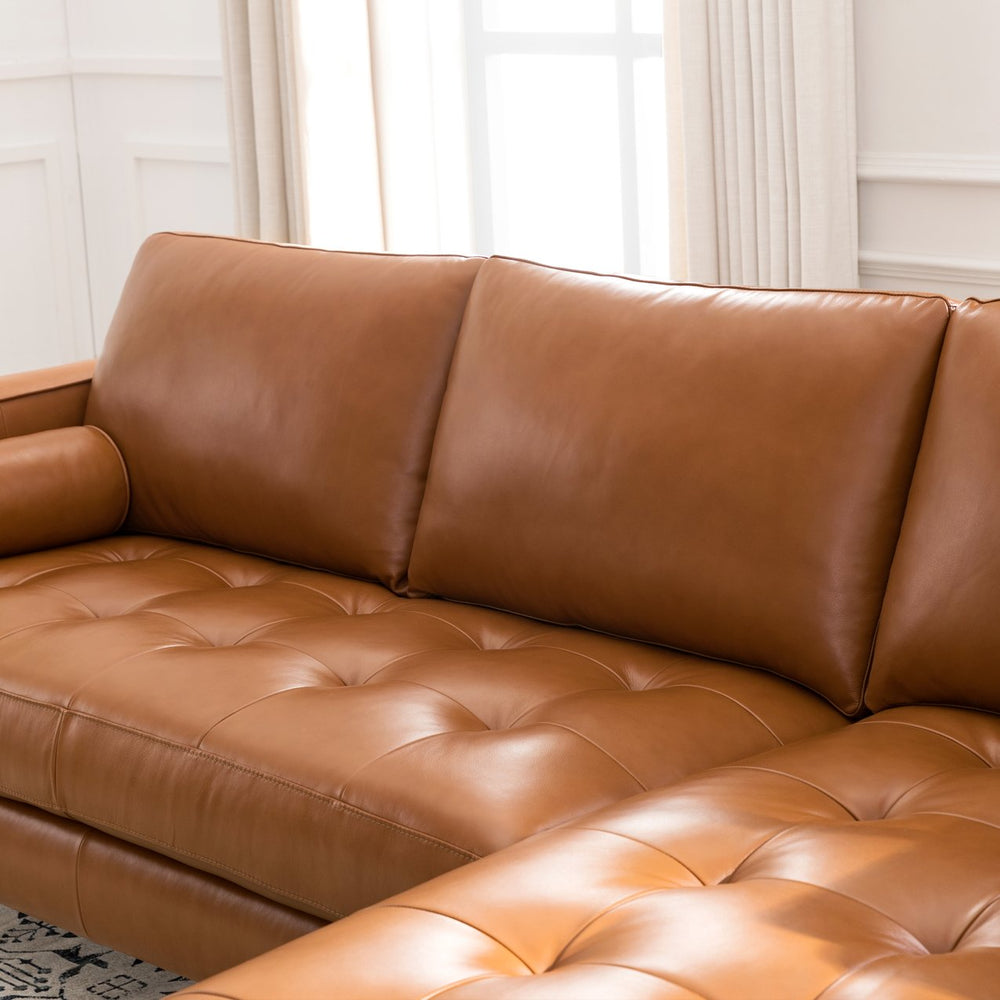 English Elm Mid-Century Cognac Tufted Leather Sectional with Reversible Chaise, Solid Wood Legs & Cushions B193P200175