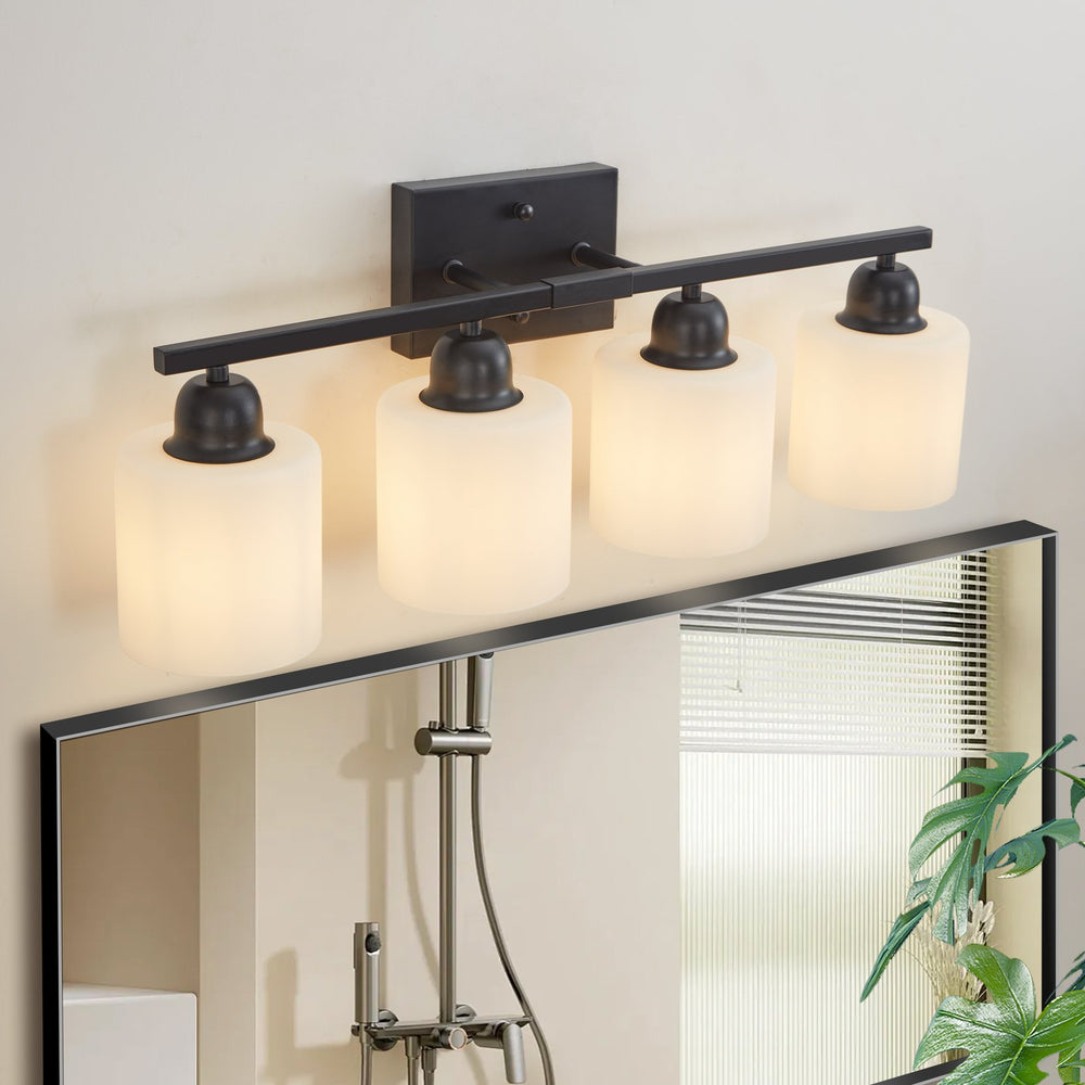 English Elm Black 24" 4-Light Bathroom Vanity Light Fixture, Modern Industrial Wall Sconce with Frosted Glass Shades, Hardwired E26 (Bulbs Not Included) W1340P310788