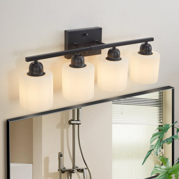 English Elm Black 24" 4-Light Bathroom Vanity Light Fixture, Modern Industrial Wall Sconce with Frosted Glass Shades, Hardwired E26 (Bulbs Not Included) W1340P310788