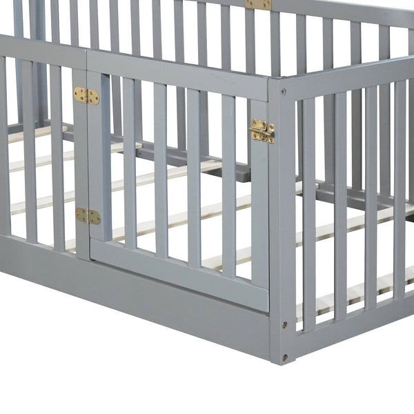 English Elm Twin Floor Bed Solid Rubber Wood with Tall Safety Railings for Toddler Sleep Grey W504P287651