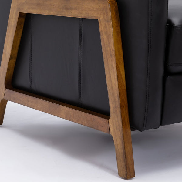 English Elm Richland Mid-Century Top Grain Leather Push Back Recliner with Exposed Wood Frame and Coil Seating Black B050P366074