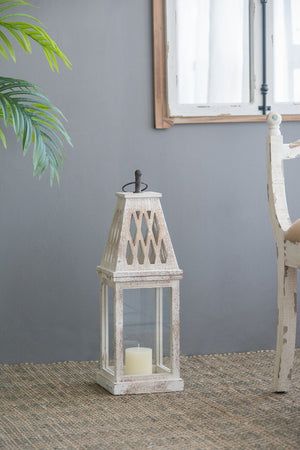 English Elm Set of 2 French Country Fir Wood Lanterns with Carved Lattice Tops Weathered White Finish W2078P495672