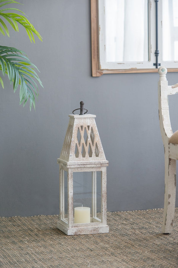 English Elm Set of 2 French Country Fir Wood Lanterns with Carved Lattice Tops Weathered White Finish W2078P495672