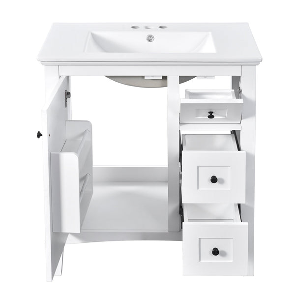 English Elm 30 Inch Bathroom Vanity with Ceramic Sink and 3 Smooth-Glide Drawers, Modern Moisture-Resistant Storage White N710P252105K