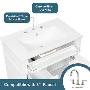 English Elm 30" Freestanding Bathroom Vanity Rubberwood Frame Ceramic Sink Flip Drawer Storage White N725P356062K