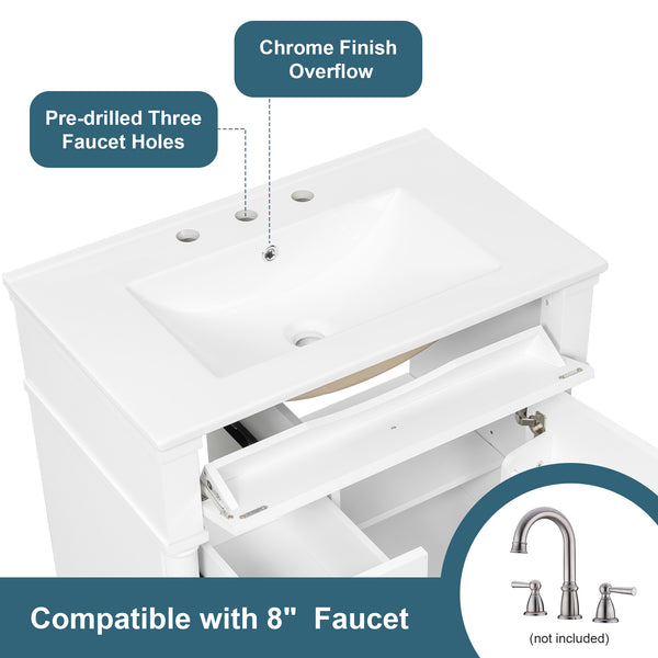 English Elm 30" Freestanding Bathroom Vanity Rubberwood Frame Ceramic Sink Flip Drawer Storage White N725P356062K