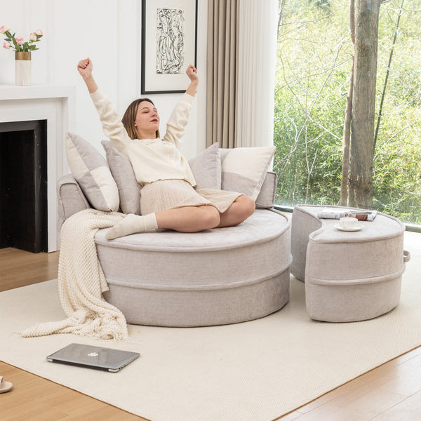 English Elm Oversized Chenille Barrel Lounge Chair with Ottoman and Five Throw Pillows W1170P283149