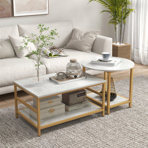 English Elm HOMCOM Modern 2-Piece Marble Top Coffee Table Set with Gold Steel Frame and 2-Tier Storage Shelves White W2225P200534