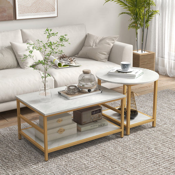English Elm HOMCOM Modern 2-Piece Marble Top Coffee Table Set with Gold Steel Frame and 2-Tier Storage Shelves White W2225P200534