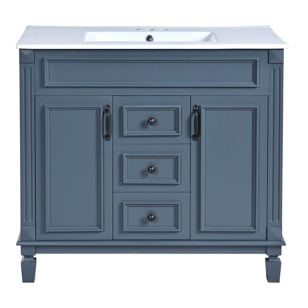 English Elm 36'' Bathroom Vanity with Sink and Mirror Cabinet, Modern MDF & Solid Wood Design, Ceramic Top, Soft-Close Doors Blue SW000115AAC-1