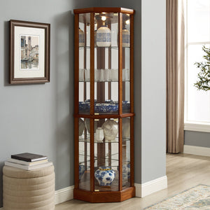 English Elm 6 Shelf Lighted Corner Curio Cabinet with Adjustable Tempered Glass Shelves, Acrylic Mirror Back, Solid Wood Frame Walnut W1693P170906