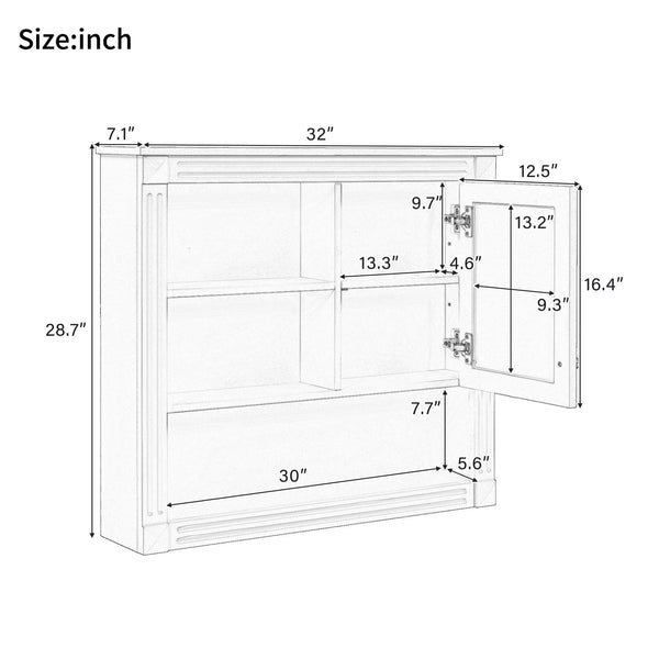 English Elm 32'' Bathroom Wall Cabinet Mirror — 32-inch Wall-Mounted Medicine Cabinet with Adjustable Shelves for Streamlined Bathroom Storage and Stylish Organization White N710P254922K