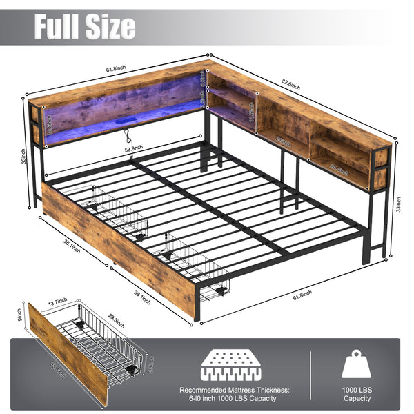 English Elm Corner Full Daybed Frame With Storage Drawers, Led Light & Charging Station For Kids’ Rooms W3107P334244