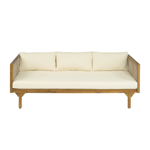 English Elm Outdoor Acacia Wood Sofa with Woven Rope Accents Teak Finish Patio Seating Light Brown,Teak+ Beige N770P354675B