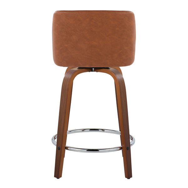 English Elm 24" Mid-century Swivel Barstools Walnut Tapered Legs Faux Leather Seat Chrome Footrest Set Camel B202S00132
