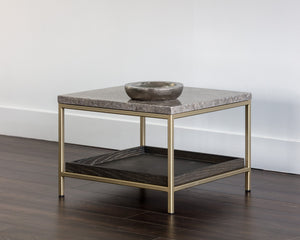 Sunpan Arden Rustic End Table with Grey Marble Top & Oak Shelf in Gold Iron Frame - Stylish & Unique Décor