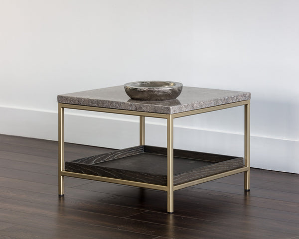 Sunpan Arden Rustic End Table with Grey Marble Top & Oak Shelf in Gold Iron Frame - Stylish & Unique Décor