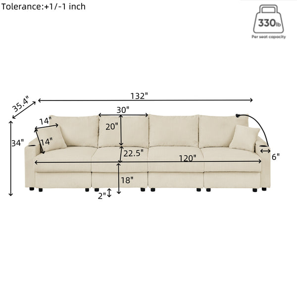 English Elm U-shaped Corduroy Sectional Sofa with Ottomans Cup Holders and Deep Lounge Seating W1117S00217