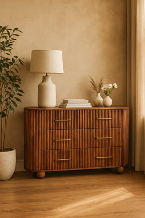 English Elm Solid Wood Ridgefront Chest – Elegant Roasted Almond Finish With 6 Fluted Drawers For Stylish Storage B182P372166-GIGA