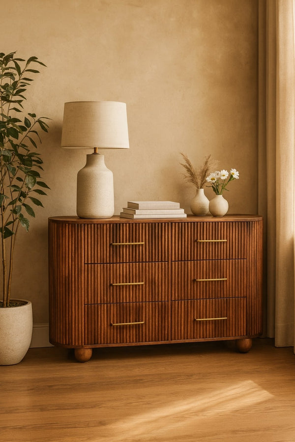 English Elm Solid Wood Ridgefront Chest – Elegant Roasted Almond Finish With 6 Fluted Drawers For Stylish Storage B182P372166-GIGA