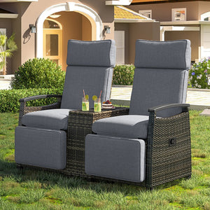 English Elm Go Outdoor Recliner Loveseat Chair With Adjustable Backrest, Storage Table & Acacia Wood Armrests N704G201239E