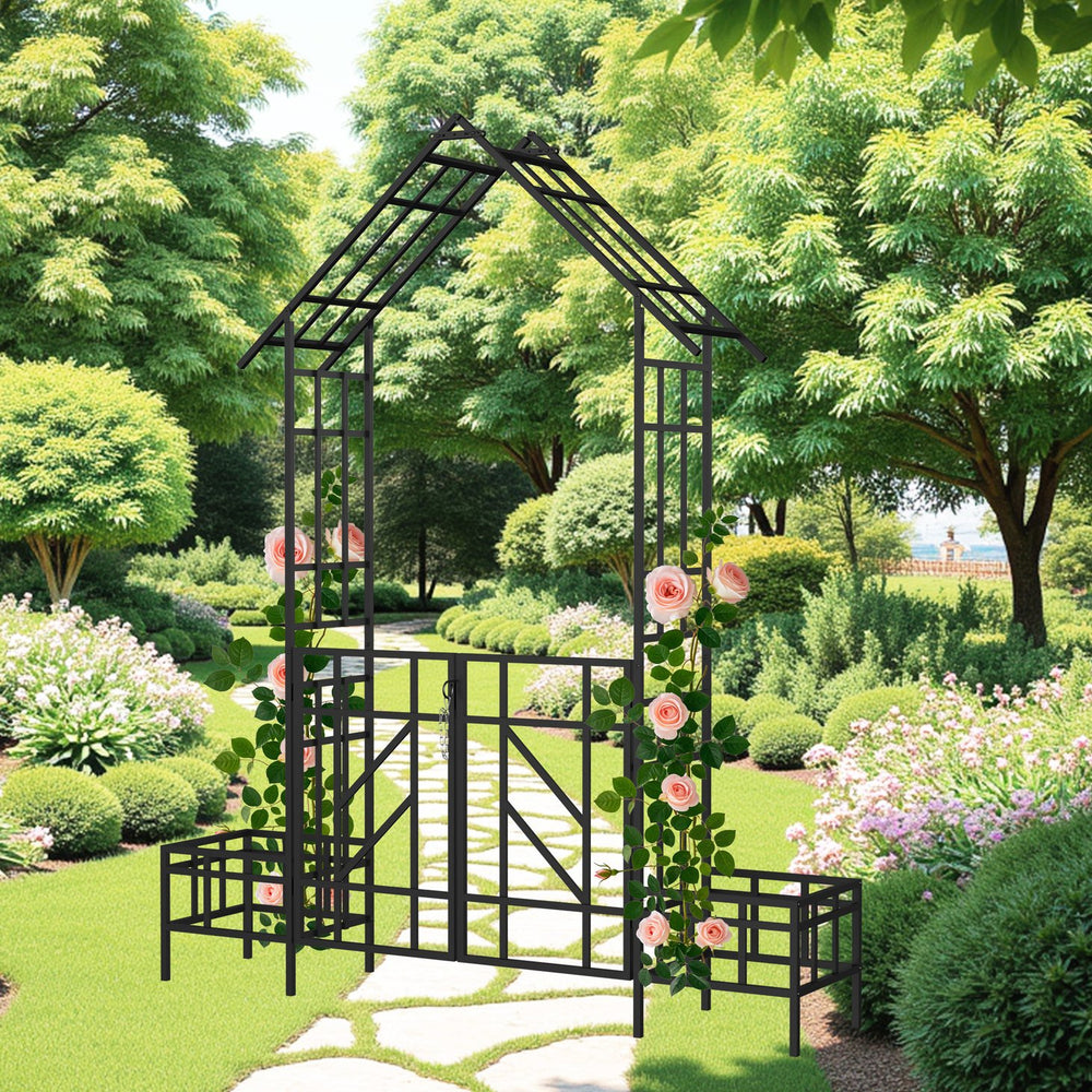 English Elm Metal Garden Arch Gate with Planters Powder Coated Steel Climbing Rose Trellis Outdoor W1586P278425