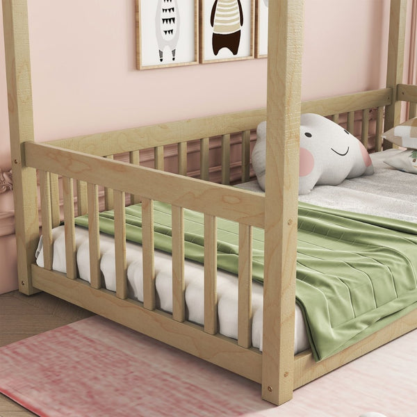 English Elm Twin Canopy Frame Floor Bed With Guardrails - Cozy, Safe Pine Design For Kids' Imaginative Spaces W504P143279-GIGA