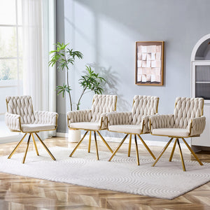 English Elm Set of 2 Velvet Upholstered Dining Chairs Braided Rope Back Glam Metal Legs Beige,Gold W3875P383929