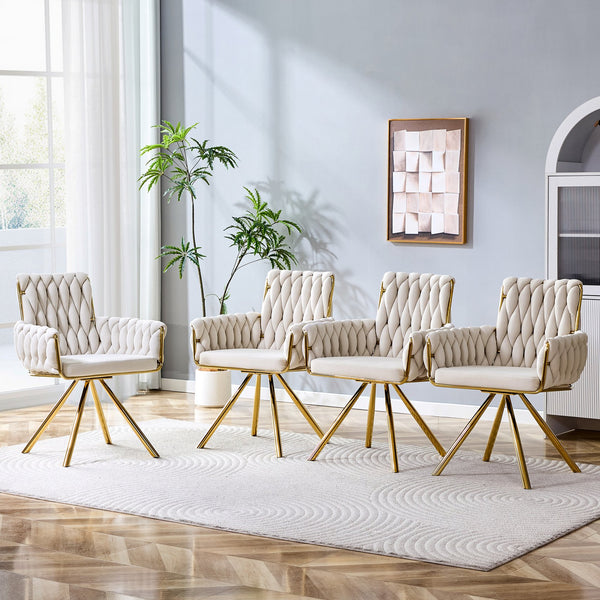 English Elm Set of 2 Velvet Upholstered Dining Chairs Braided Rope Back Glam Metal Legs Beige,Gold W3875P383929
