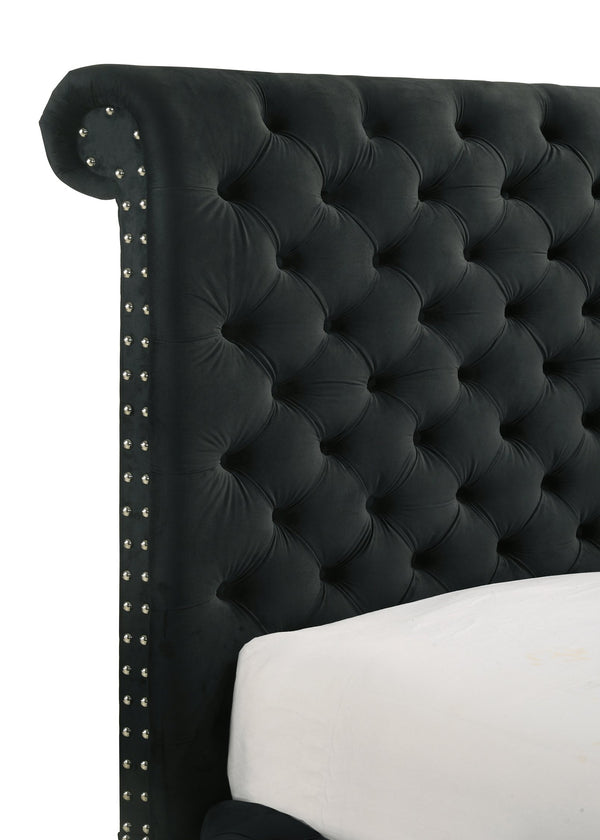 English Elm Luxurious King Size Bed Set With Tufted Black Velvet, Tv Lift, Electric Fireplace & Nightstands B2741S00121