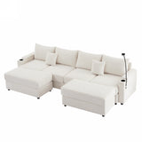 English Elm 123.2" Modern Style 4-Seater Sofa Sectional Sofa Couch With Storage Space, Two Movable Ottomans, Two Usb Ports, Two Cup Holders, A Phone Holder For Living Room, Beige