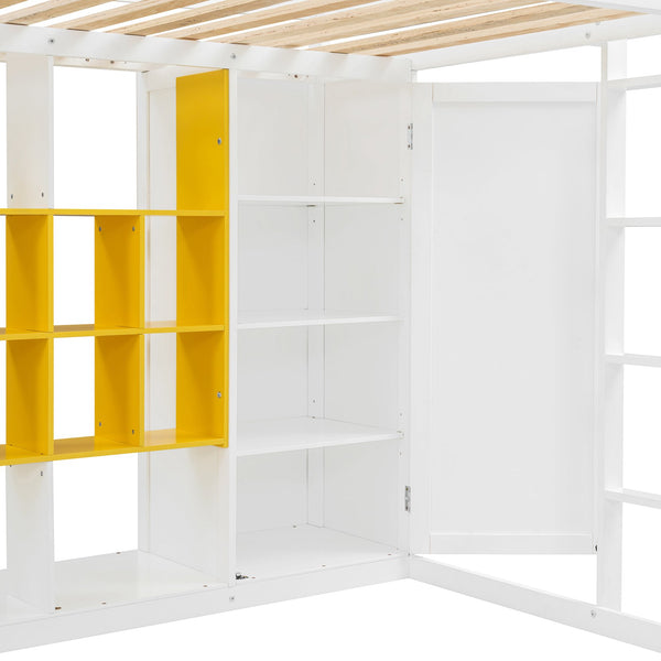 English Elm Twin Loft Bed with Wardrobe Shelves and Cabinet Kids Bedroom Wood Storage Frame Yellow+White N708S00024K