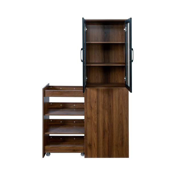 English Elm 70.87" Modern Display Storage Cabinet with 4-Tier Pull-Out Shelves, Dual Glass Doors for Home Walnut W331P295246