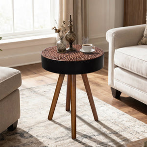 English Elm 15.7-inch Round Carved Mdf Accent Table Distressed Vintage Style for Bedroom or Living Room W3935P406043