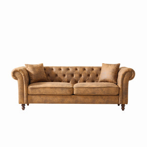 English Elm 83"Chesterfield Plush Tech Fabric Sofa with Roll Armrests, Mid-Century Upholstered 3-Seater Comfort Durable Frame Brown W3373S00002
