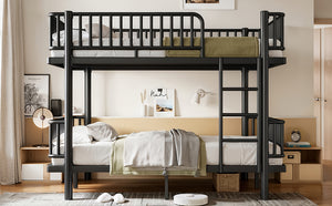 English Elm Twin Over Metal Bunk Bed with Led Lights Usb Ports Drawers and Sofa Conversion Black W5305S00070