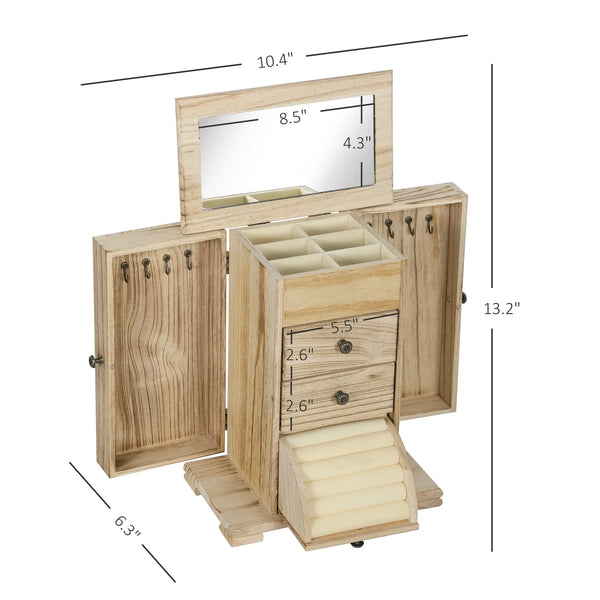 English Elm Jewelry Armoire Paulownia Wood Box with Built-in Mirror Hooks and Tiered Storage T3971P397384