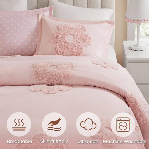 English Elm 3-piece Tufted Chenille Floral Duvet Set Reversible Textured Polyester Bedding B035P408216